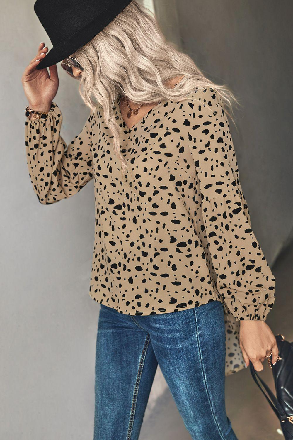 Animal Print V-Neck High-Low Blouse BLUE ZONE PLANET