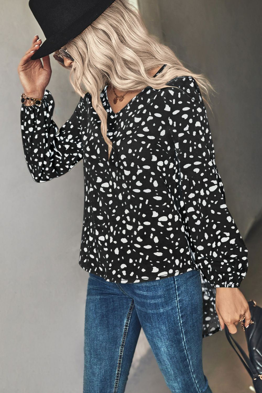 Animal Print V-Neck High-Low Blouse BLUE ZONE PLANET