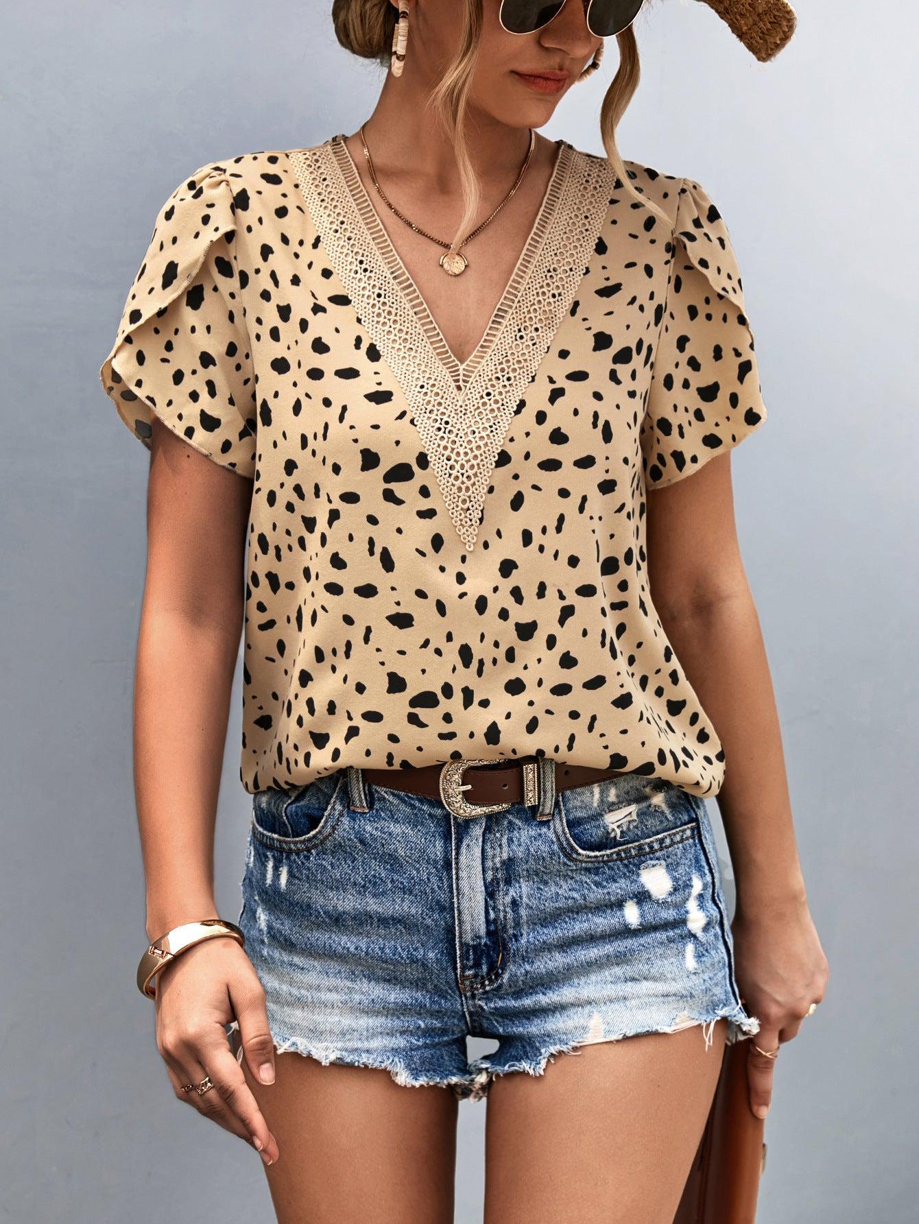 Animal Print V-Neck Petal Sleeve Blouse BLUE ZONE PLANET