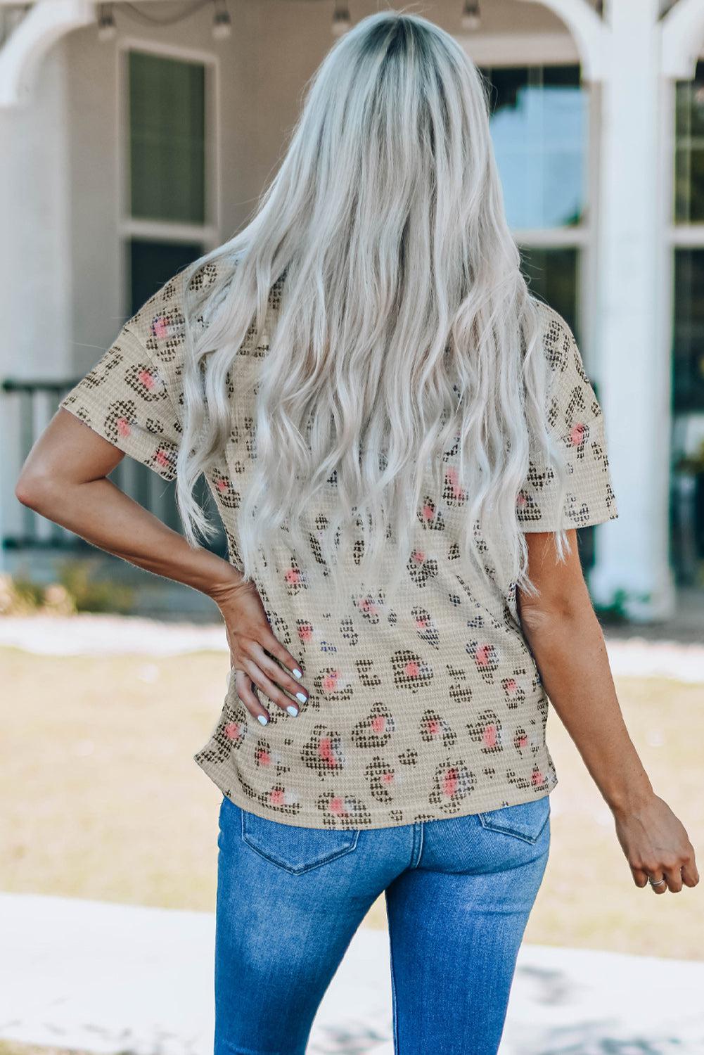 Animal Print Waffle Knit Short Sleeve Top BLUE ZONE PLANET