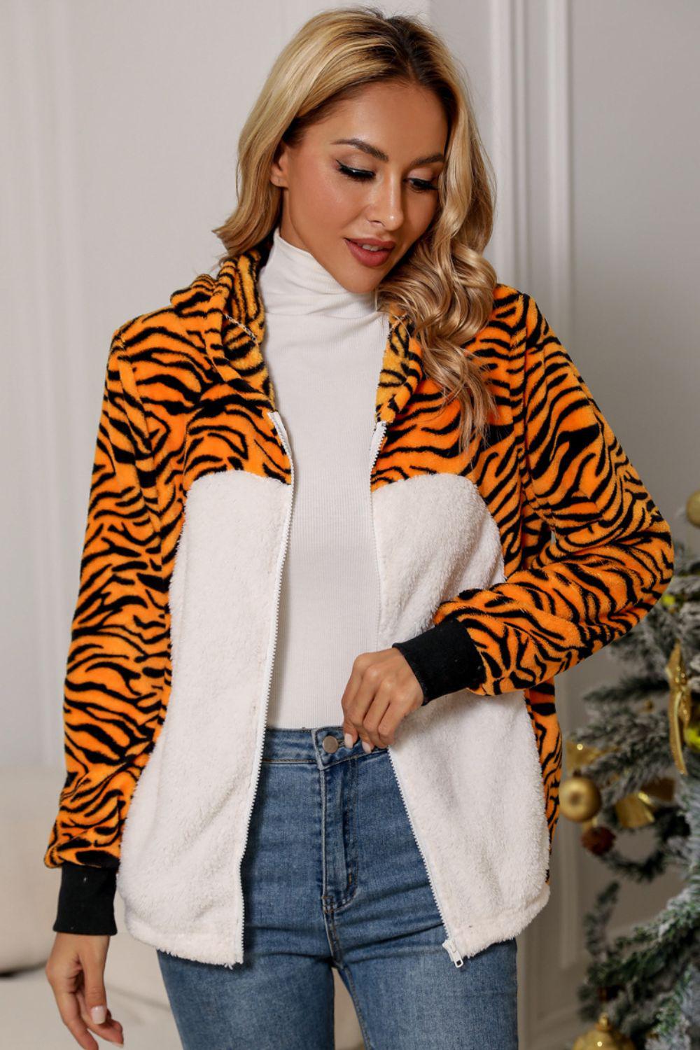 Animal Print Zip-Up Hooded Flannel Jacket-TOPS / DRESSES-[Adult]-[Female]-Zebra-S-2022 Online Blue Zone Planet