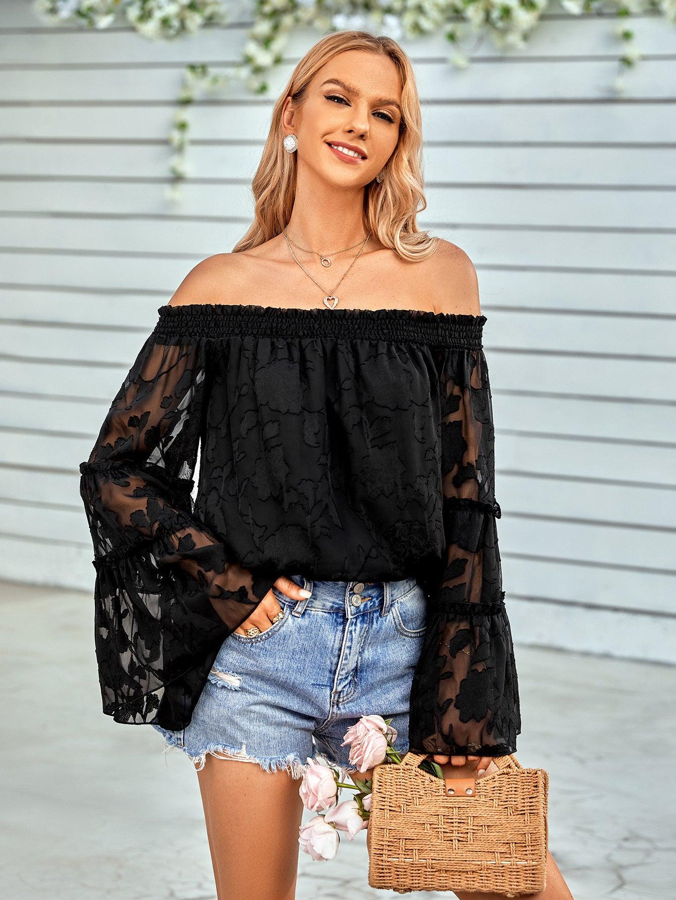 Applique Flounce Sleeve Off-Shoulder Blouse BLUE ZONE PLANET