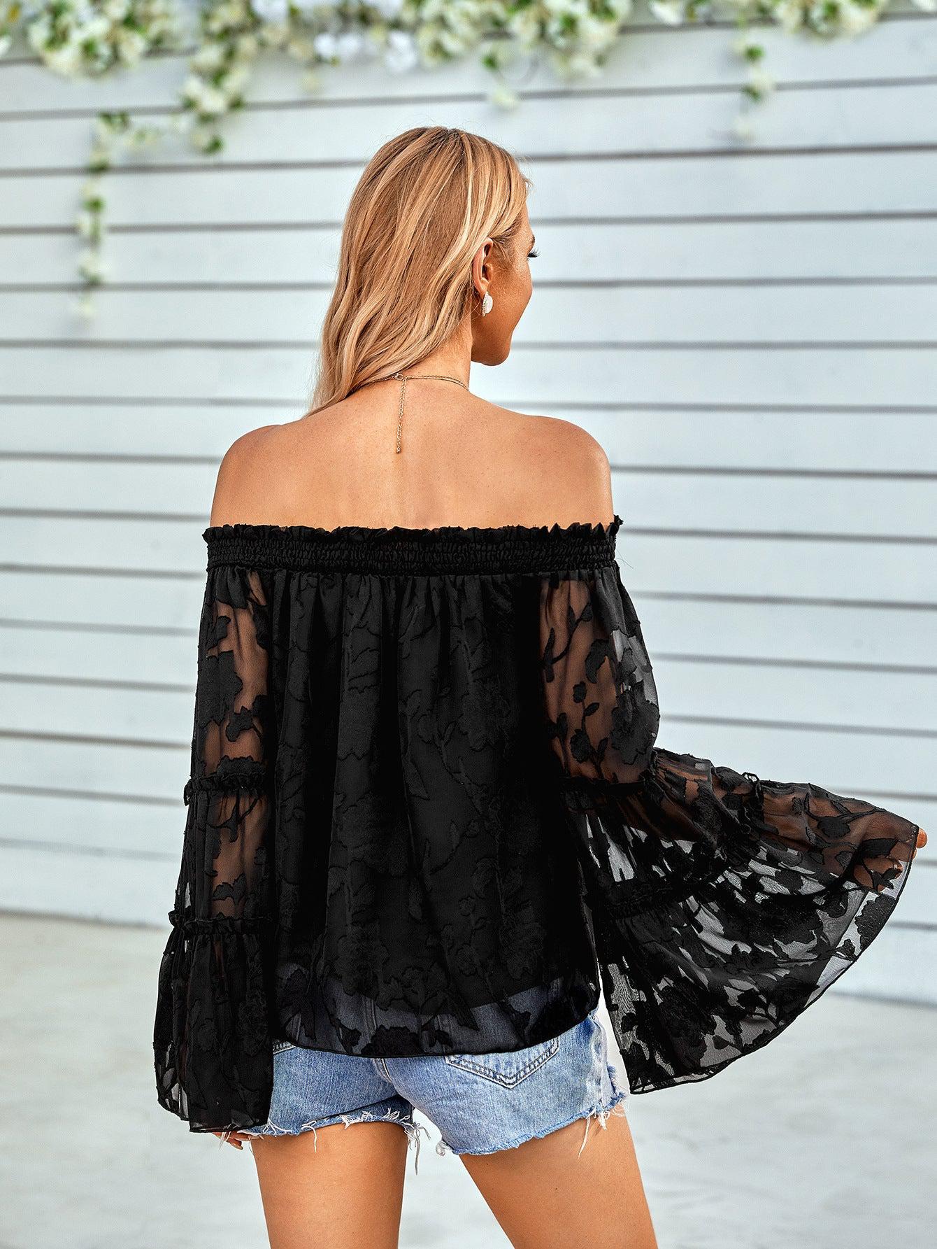 Applique Flounce Sleeve Off-Shoulder Blouse BLUE ZONE PLANET