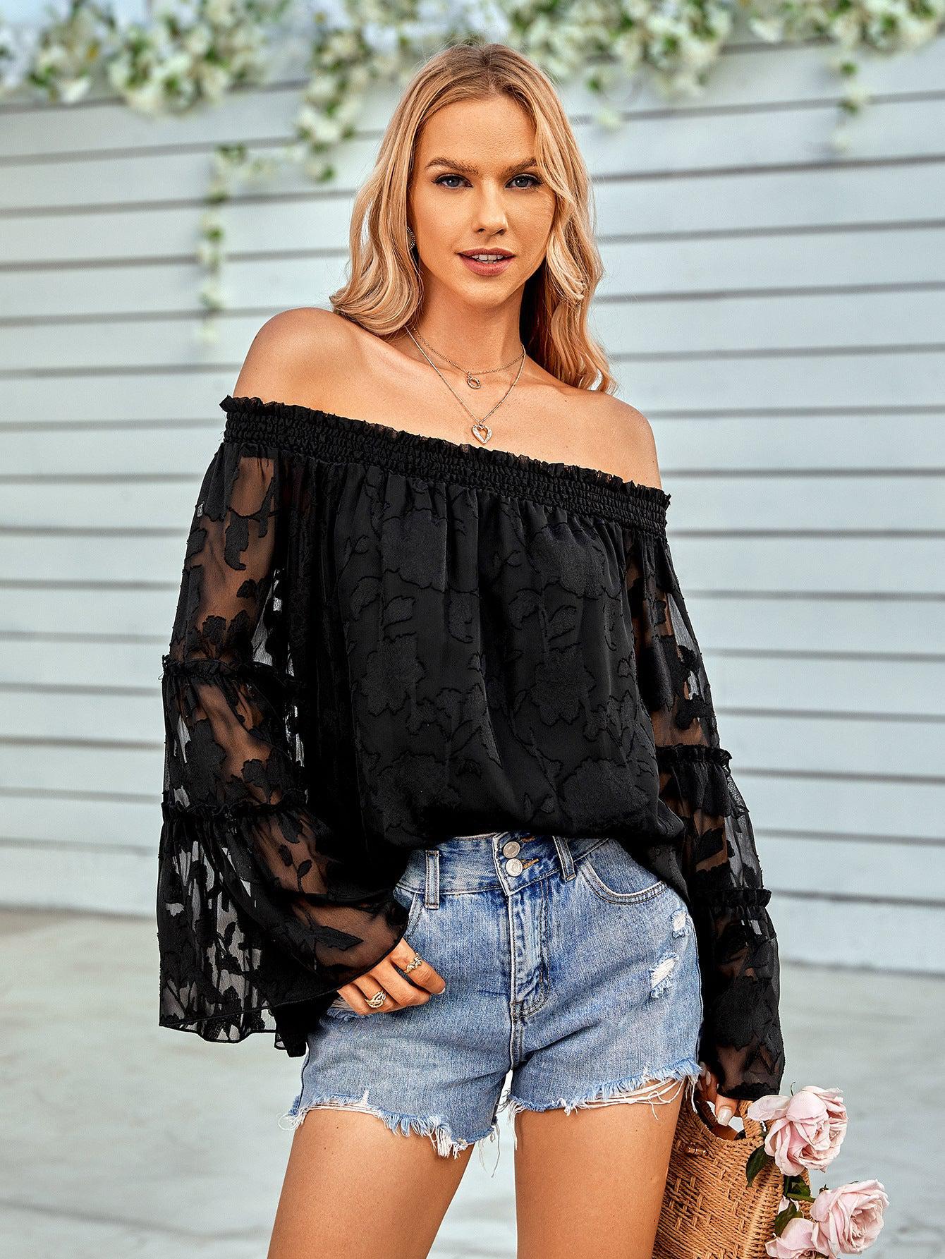 Applique Flounce Sleeve Off-Shoulder Blouse BLUE ZONE PLANET