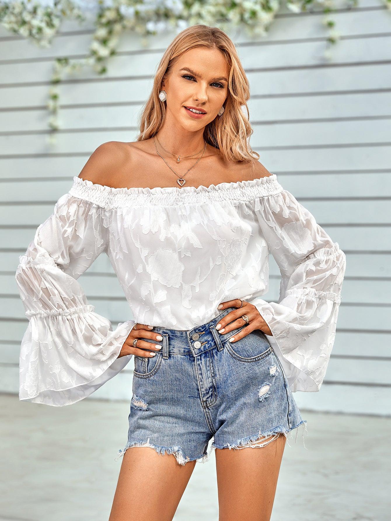 Applique Flounce Sleeve Off-Shoulder Blouse BLUE ZONE PLANET