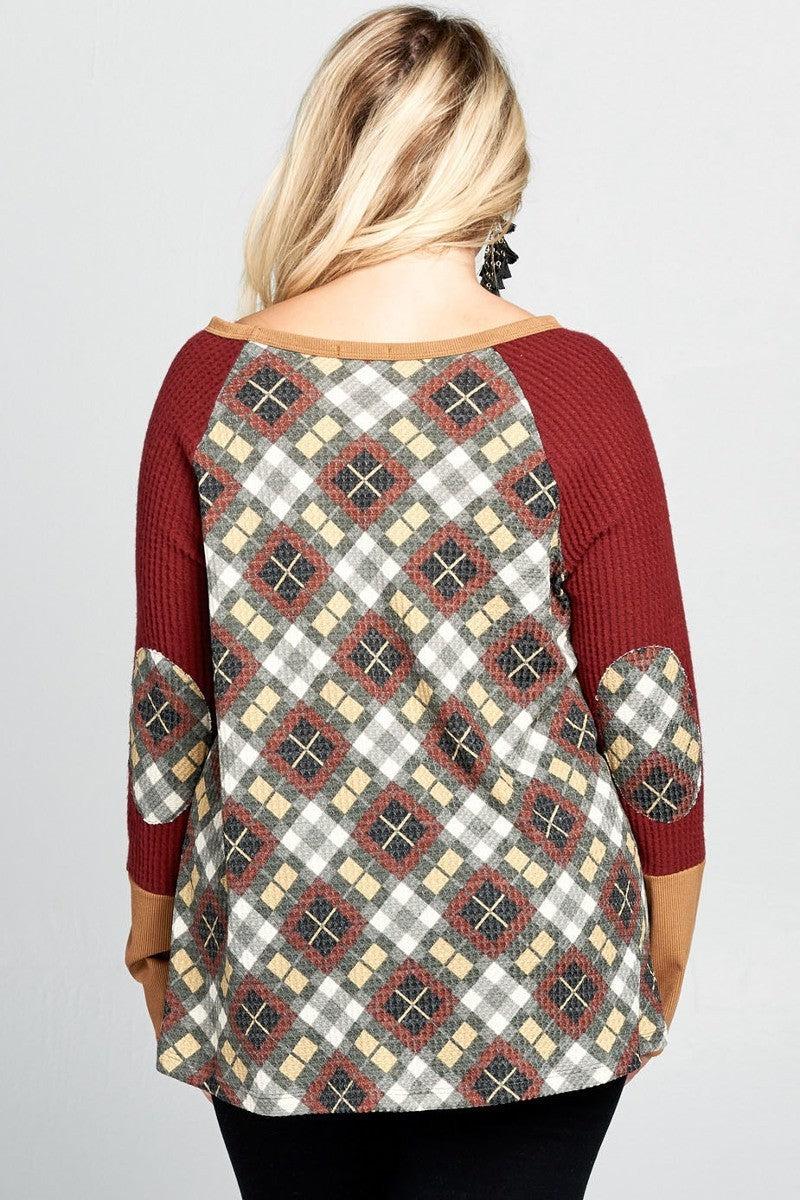 Argyle Printed Waffle Knit Sweater Top-TOPS / DRESSES-[Adult]-[Female]-Blue Zone Planet
