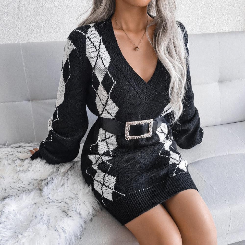 Argyle V-Neck Ribbed Trim Sweater Dress-TOPS / DRESSES-[Adult]-[Female]-2022 Online Blue Zone Planet