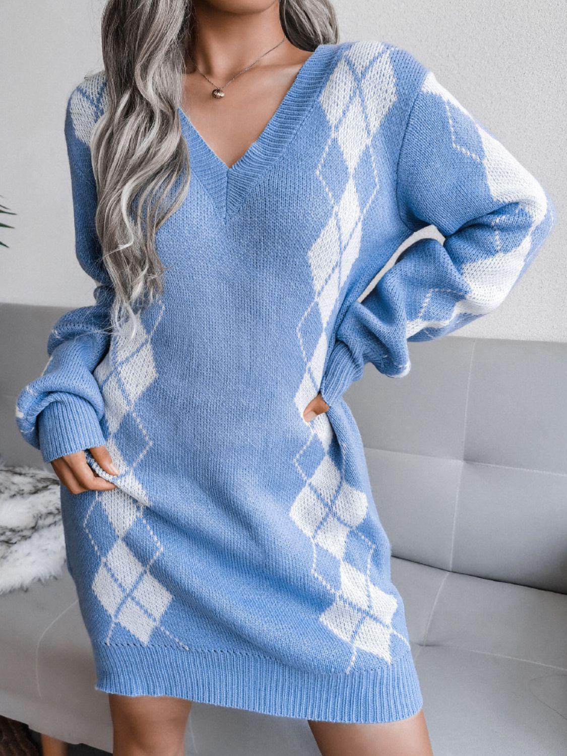 Argyle V-Neck Ribbed Trim Sweater Dress-TOPS / DRESSES-[Adult]-[Female]-Blue-S-2022 Online Blue Zone Planet