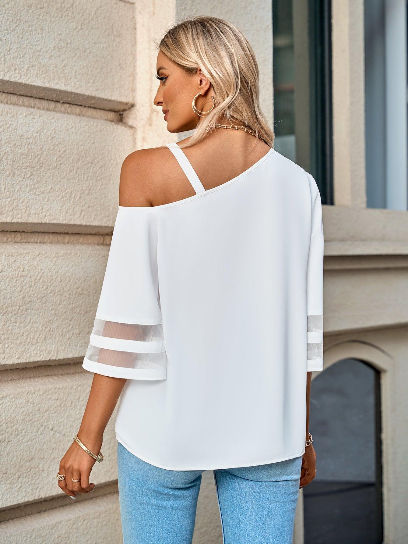 Asymmetrical Neck Sheer Striped Flare Sleeve Blouse BLUE ZONE PLANET