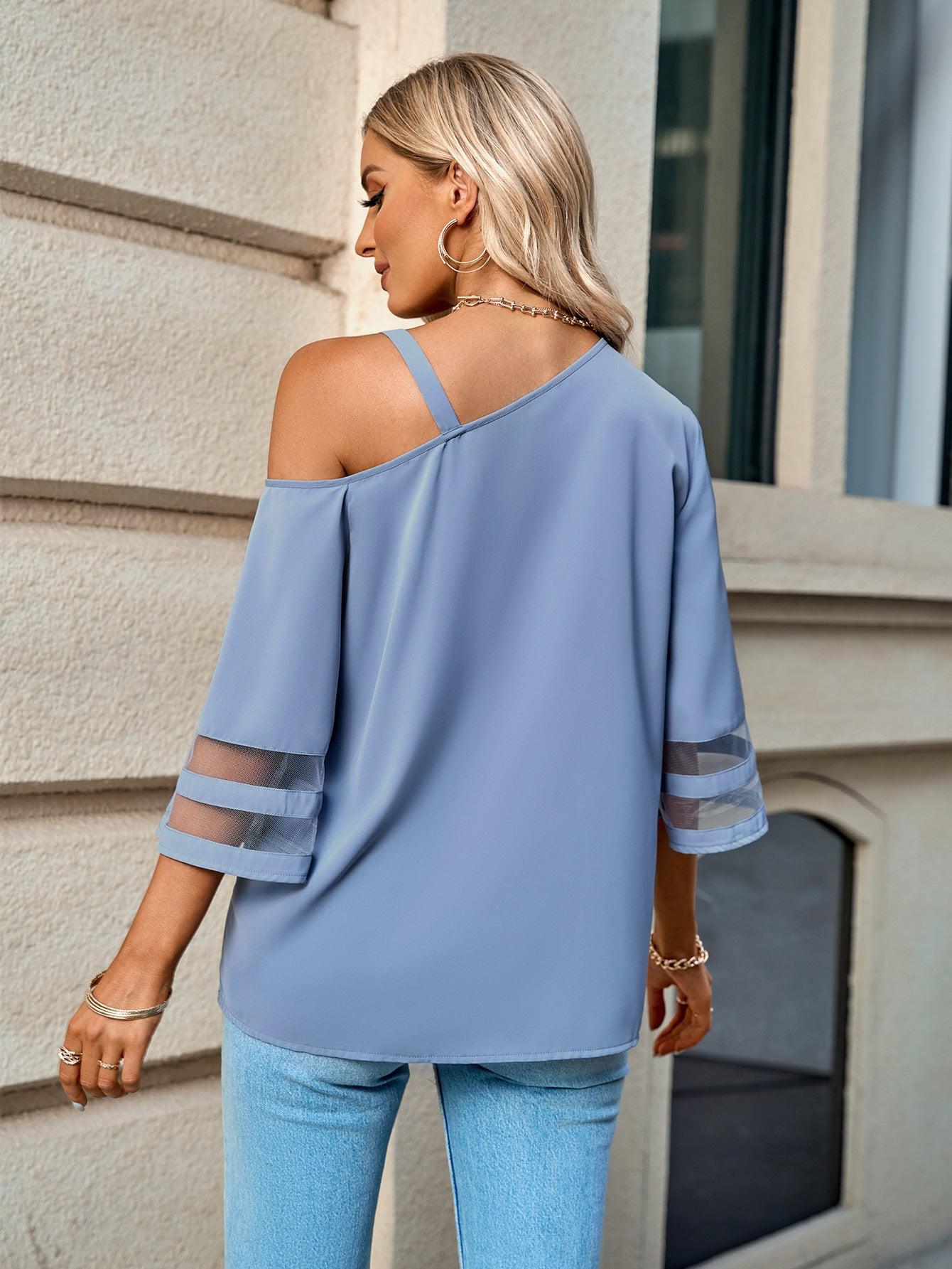 Asymmetrical Neck Sheer Striped Flare Sleeve Blouse BLUE ZONE PLANET