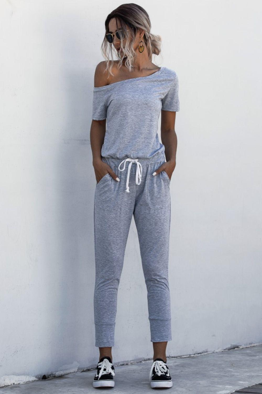 Asymmetrical Neck Tied Jumpsuit with Pockets BLUE ZONE PLANET