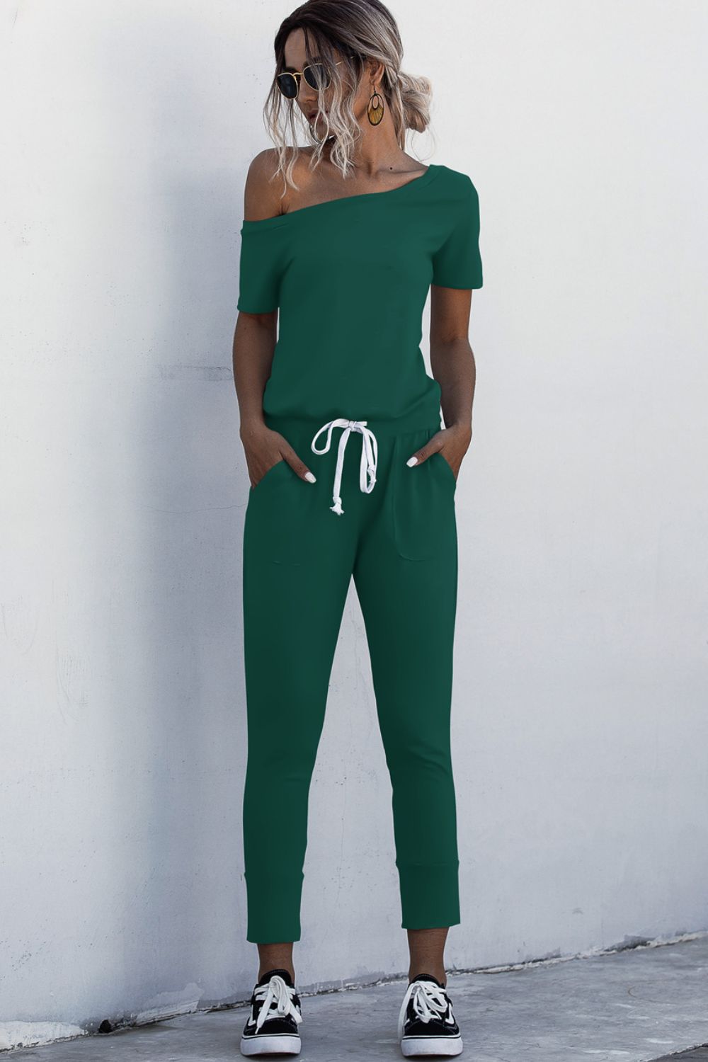Asymmetrical Neck Tied Jumpsuit with Pockets BLUE ZONE PLANET