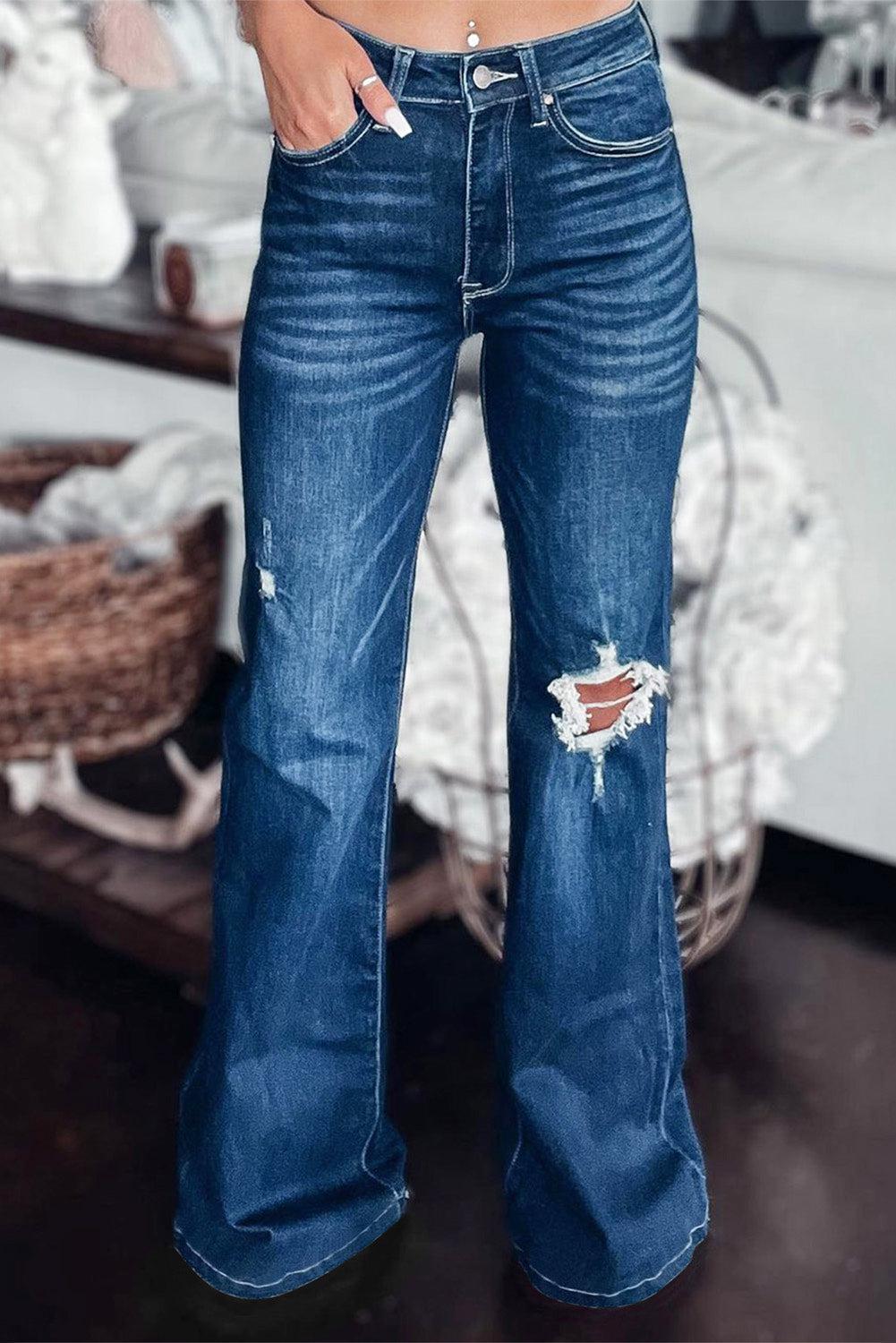 Asymmetrical Open Knee Distressed Flare Jeans BLUE ZONE PLANET