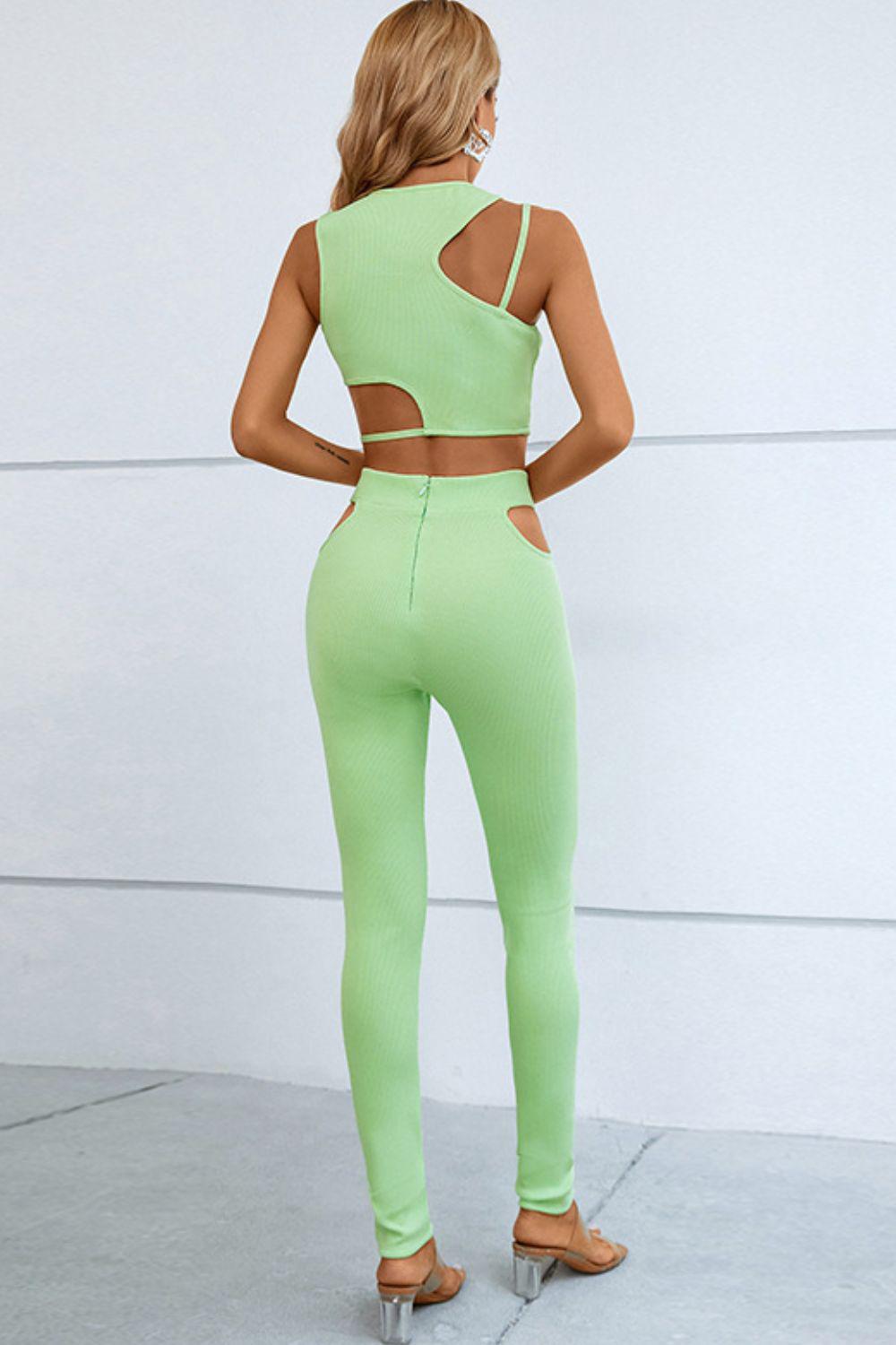 Asymmetrical Ribbed Cutout Tank and Pants Set BLUE ZONE PLANET