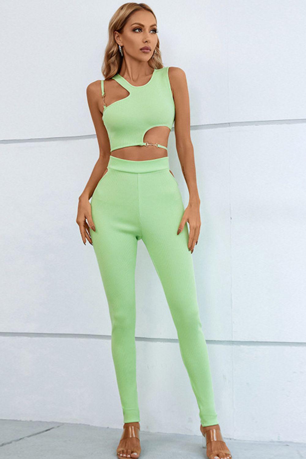 Asymmetrical Ribbed Cutout Tank and Pants Set BLUE ZONE PLANET