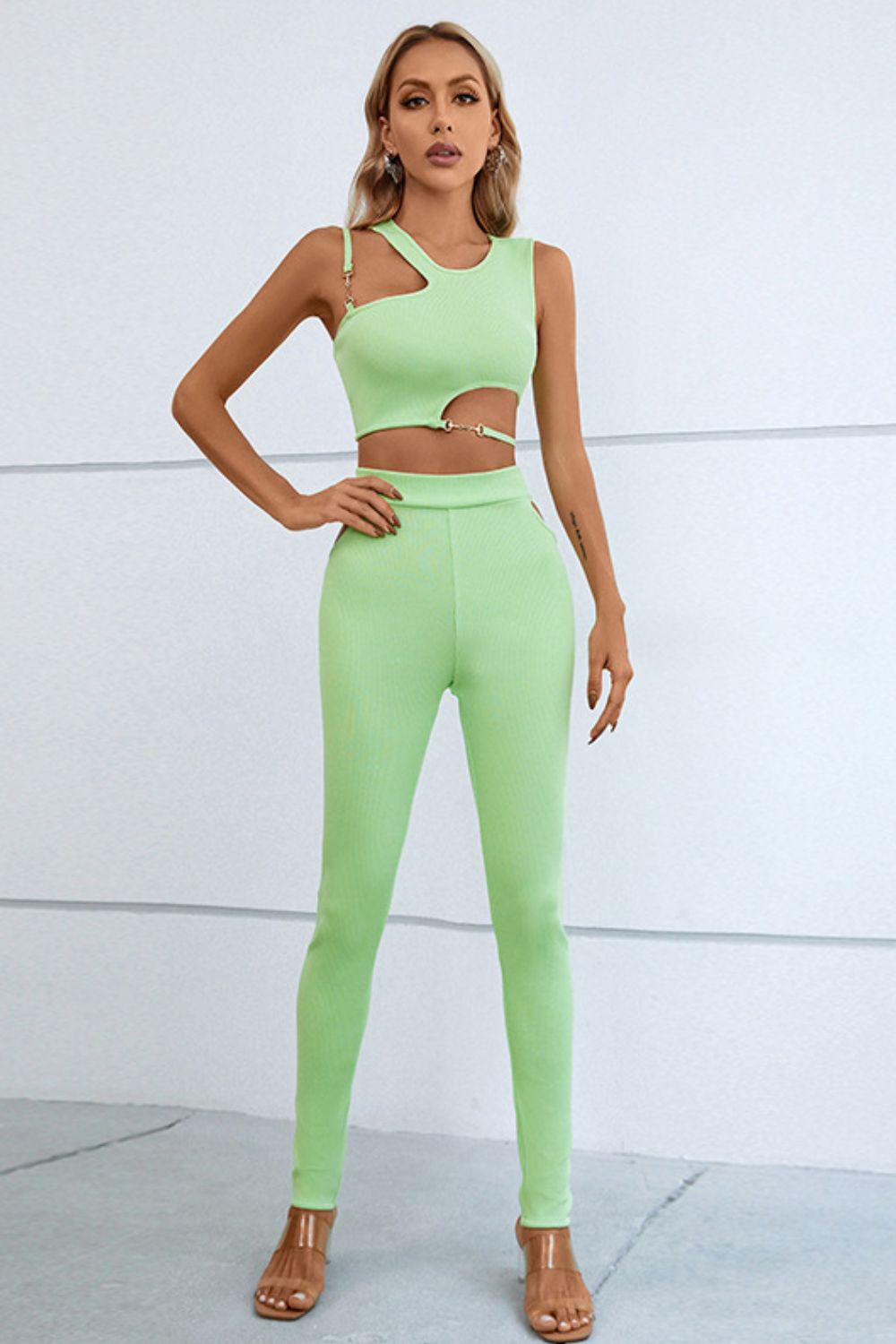 Asymmetrical Ribbed Cutout Tank and Pants Set BLUE ZONE PLANET