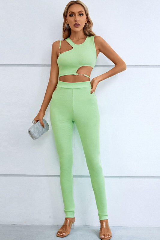 Asymmetrical Ribbed Cutout Tank and Pants Set BLUE ZONE PLANET