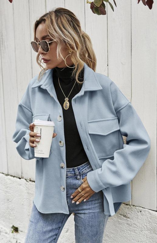 Autumn Winter Lapel Single Breasted Solid Coat-TOPS / DRESSES-[Adult]-[Female]-Blue-S-Blue Zone Planet