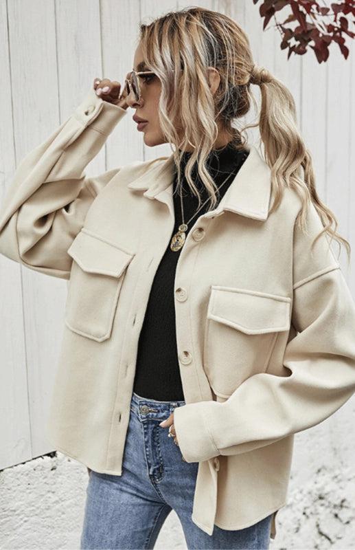 Autumn Winter Lapel Single Breasted Solid Coat-TOPS / DRESSES-[Adult]-[Female]-Cracker khaki-S-Blue Zone Planet