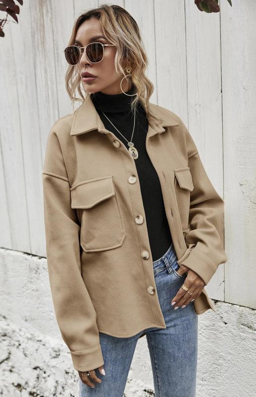 Autumn Winter Lapel Single Breasted Solid Coat-TOPS / DRESSES-[Adult]-[Female]-Khaki-S-Blue Zone Planet