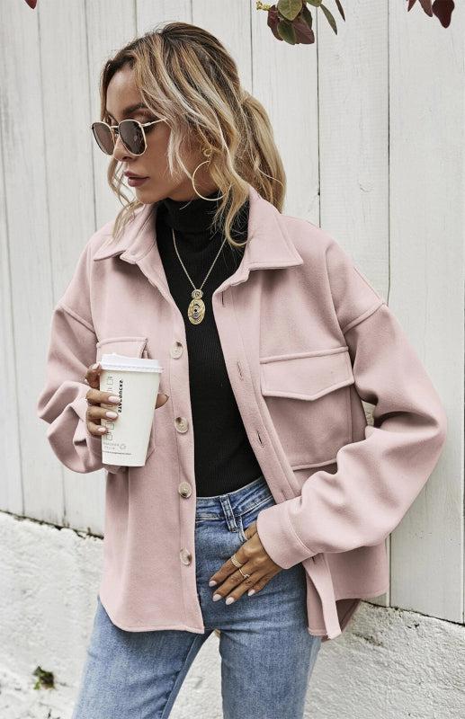 Autumn Winter Lapel Single Breasted Solid Coat-TOPS / DRESSES-[Adult]-[Female]-Pink-S-Blue Zone Planet