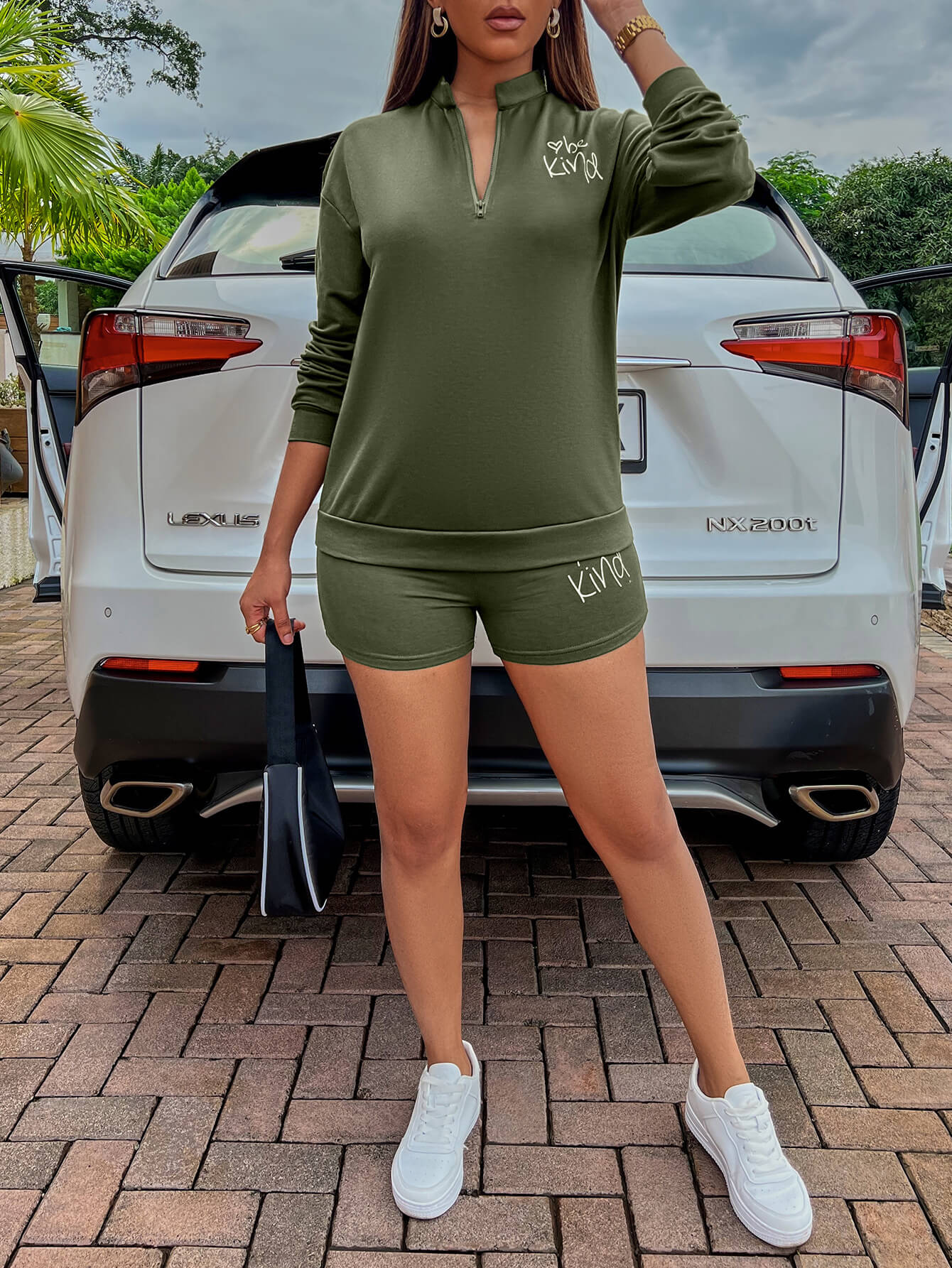 BE KIND Graphic Quarter-Zip Sweatshirt and Shorts Set-TOPS / DRESSES-[Adult]-[Female]-Army Green-S-Blue Zone Planet