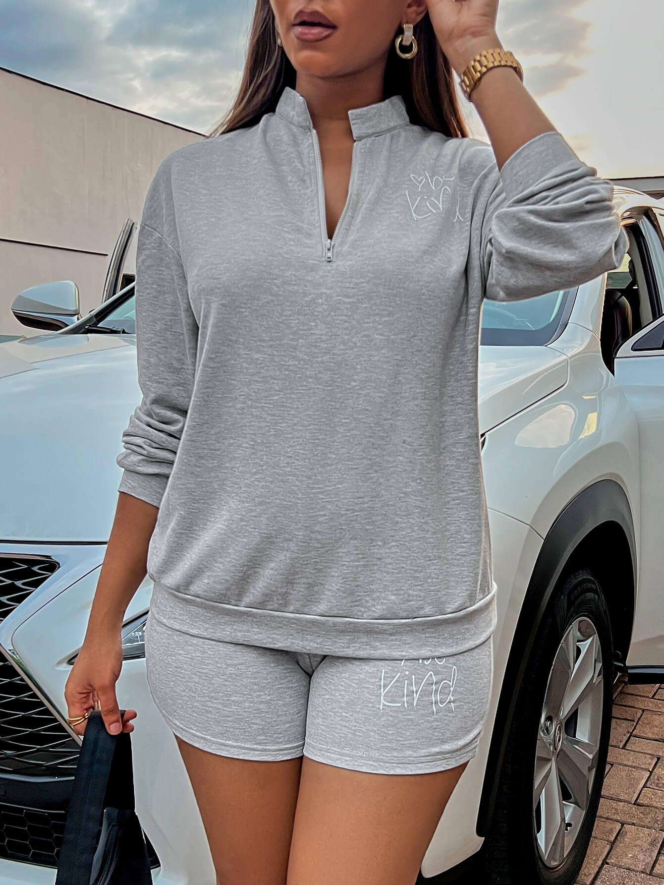BE KIND Graphic Quarter-Zip Sweatshirt and Shorts Set-TOPS / DRESSES-[Adult]-[Female]-Blue Zone Planet