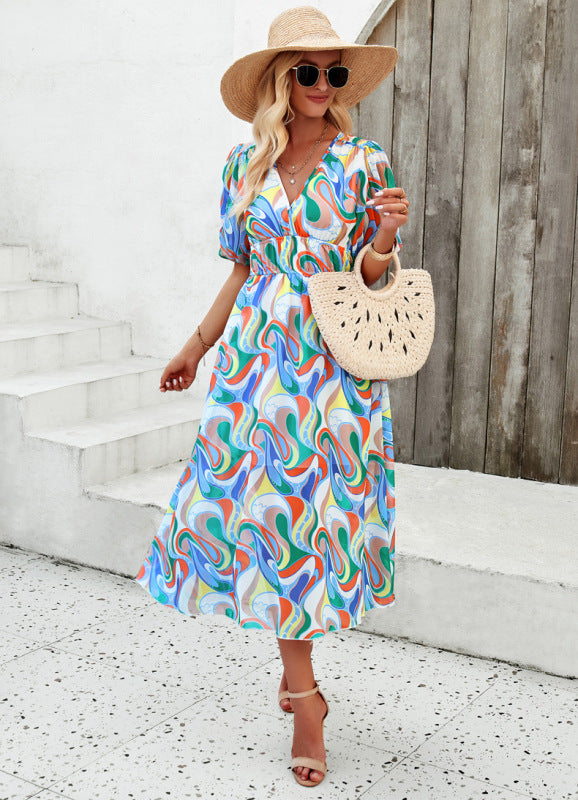 Elegant printed waist V-neck long dress kakaclo