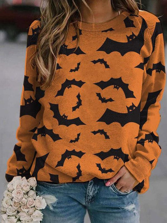 Bat Print Graphic Women's Halloween Knitted Long Sleeve Tops BLUE ZONE PLANET