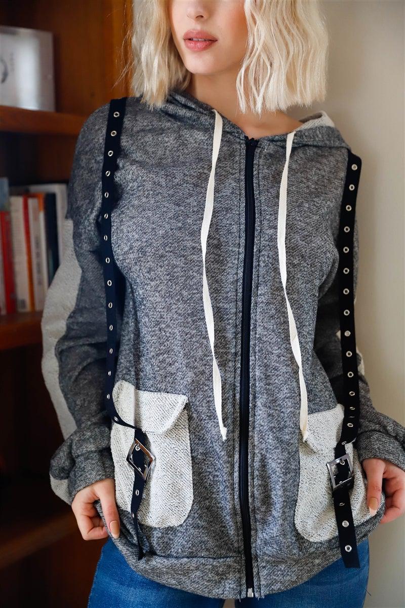 Belt & Reversed Details Zip-up Hooded Sweater-TOPS / DRESSES-[Adult]-[Female]-Blue Zone Planet