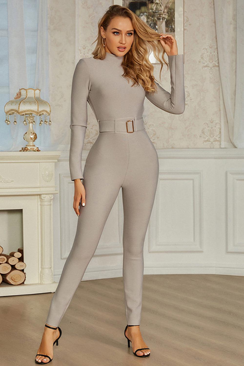 Belted Cutout Mock Neck Jumpsuit-TOPS / DRESSES-[Adult]-[Female]-Gray-S-Blue Zone Planet