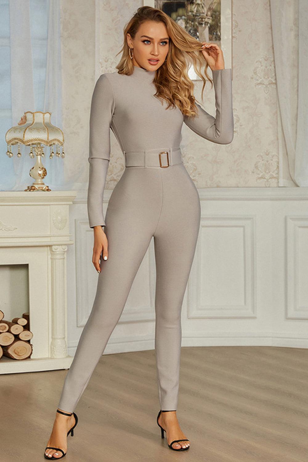 Belted Cutout Mock Neck Jumpsuit-TOPS / DRESSES-[Adult]-[Female]-Blue Zone Planet