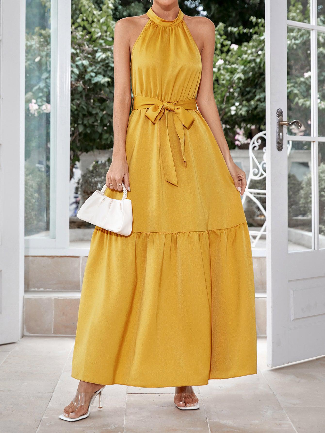 Belted Grecian Neck Tiered Maxi Dress-TOPS / DRESSES-[Adult]-[Female]-Yellow-S-2022 Online Blue Zone Planet