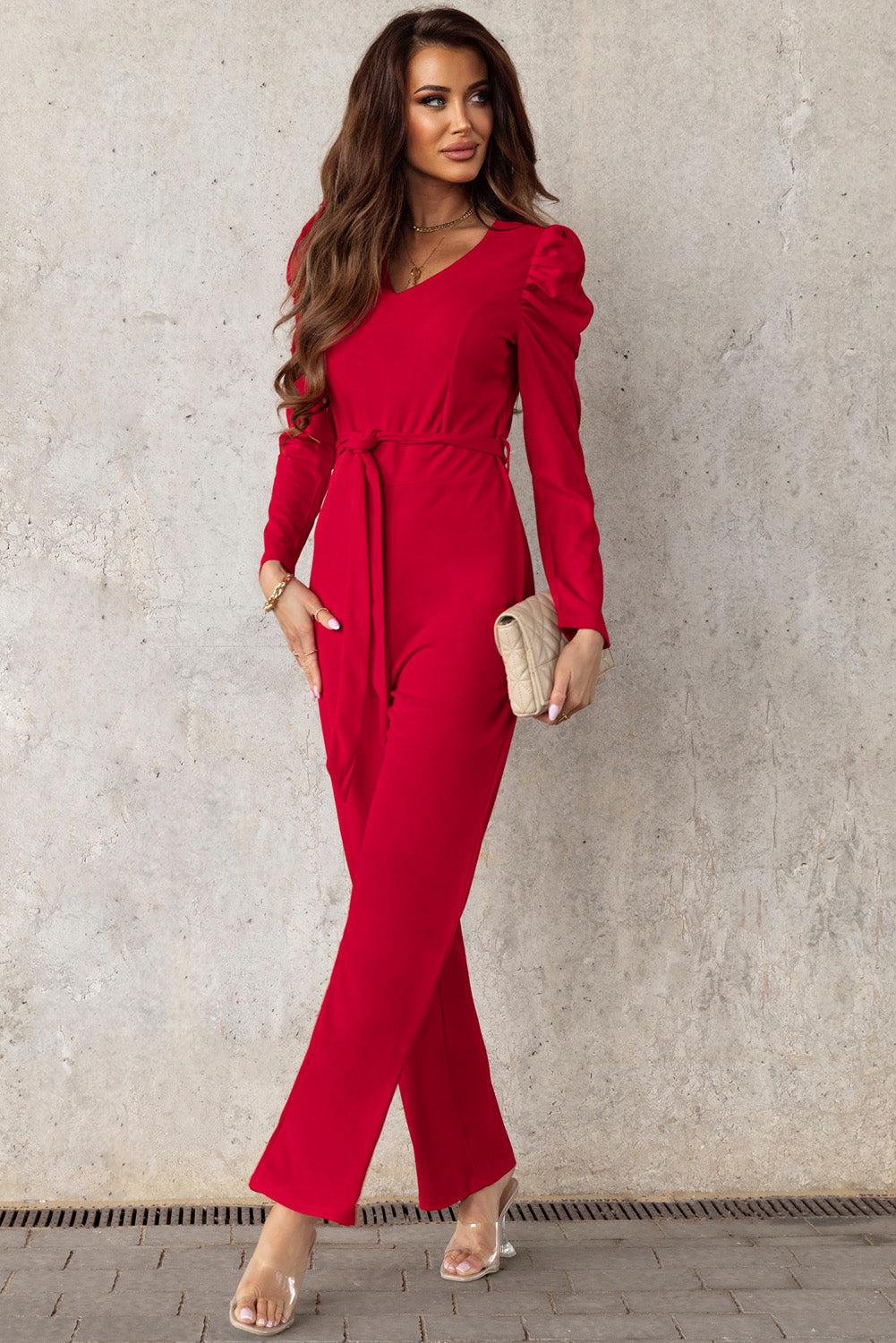 Belted Long Puff Sleeve V-Neck Jumpsuit BLUE ZONE PLANET