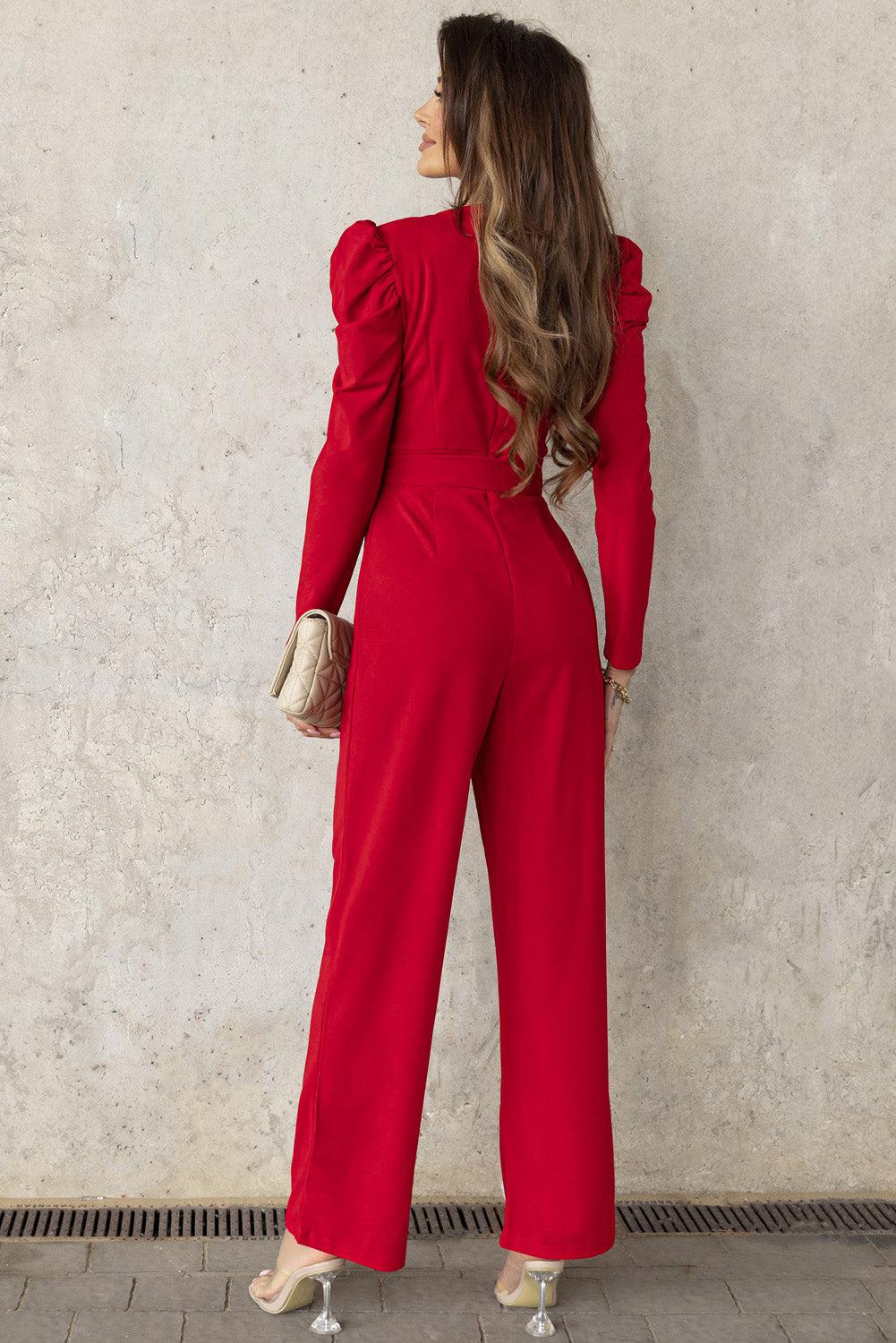 Belted Long Puff Sleeve V-Neck Jumpsuit BLUE ZONE PLANET