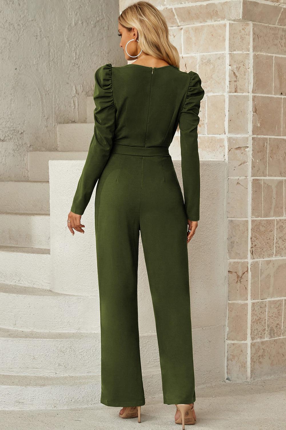 Belted Long Puff Sleeve V-Neck Jumpsuit BLUE ZONE PLANET