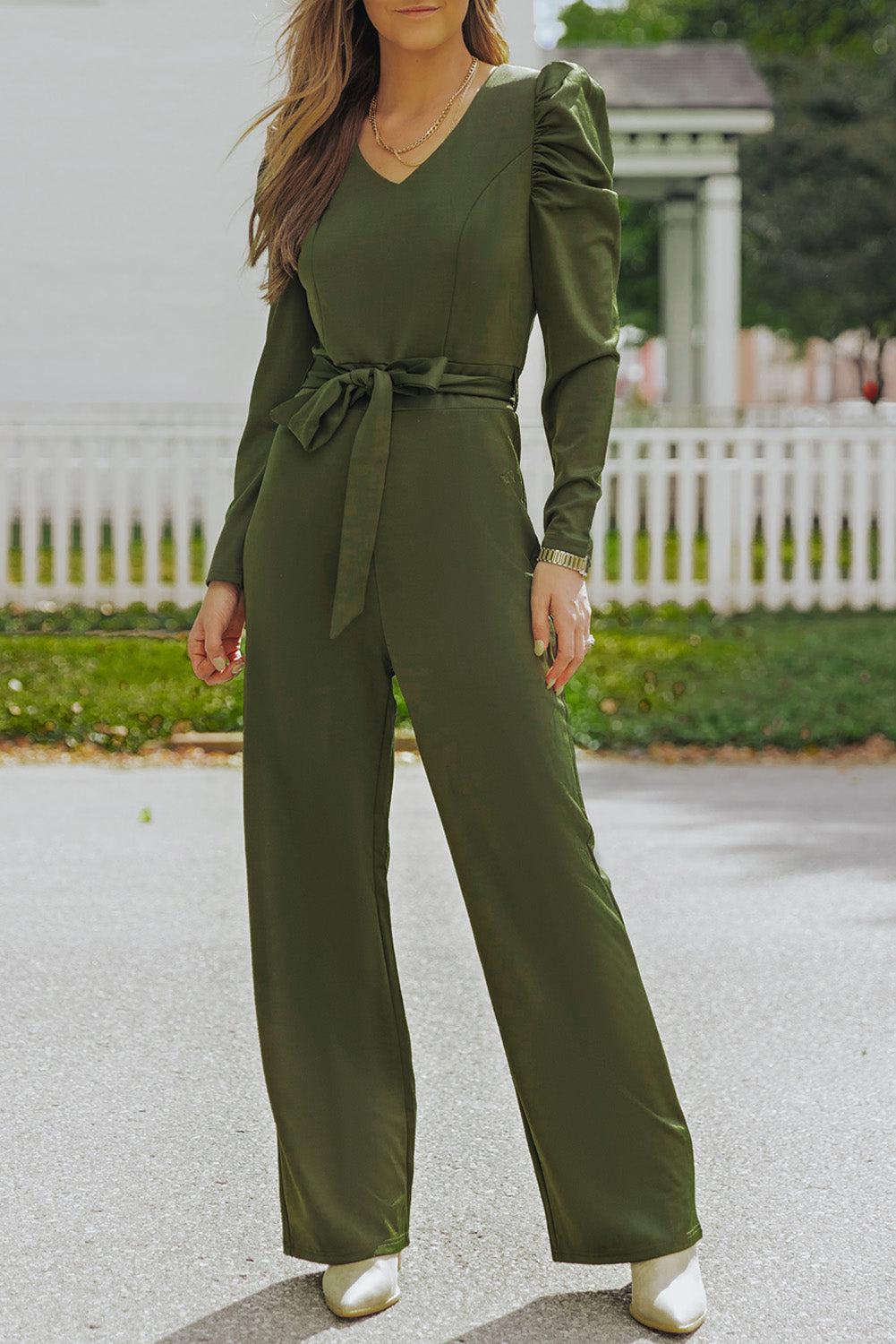 Belted Long Puff Sleeve V-Neck Jumpsuit BLUE ZONE PLANET