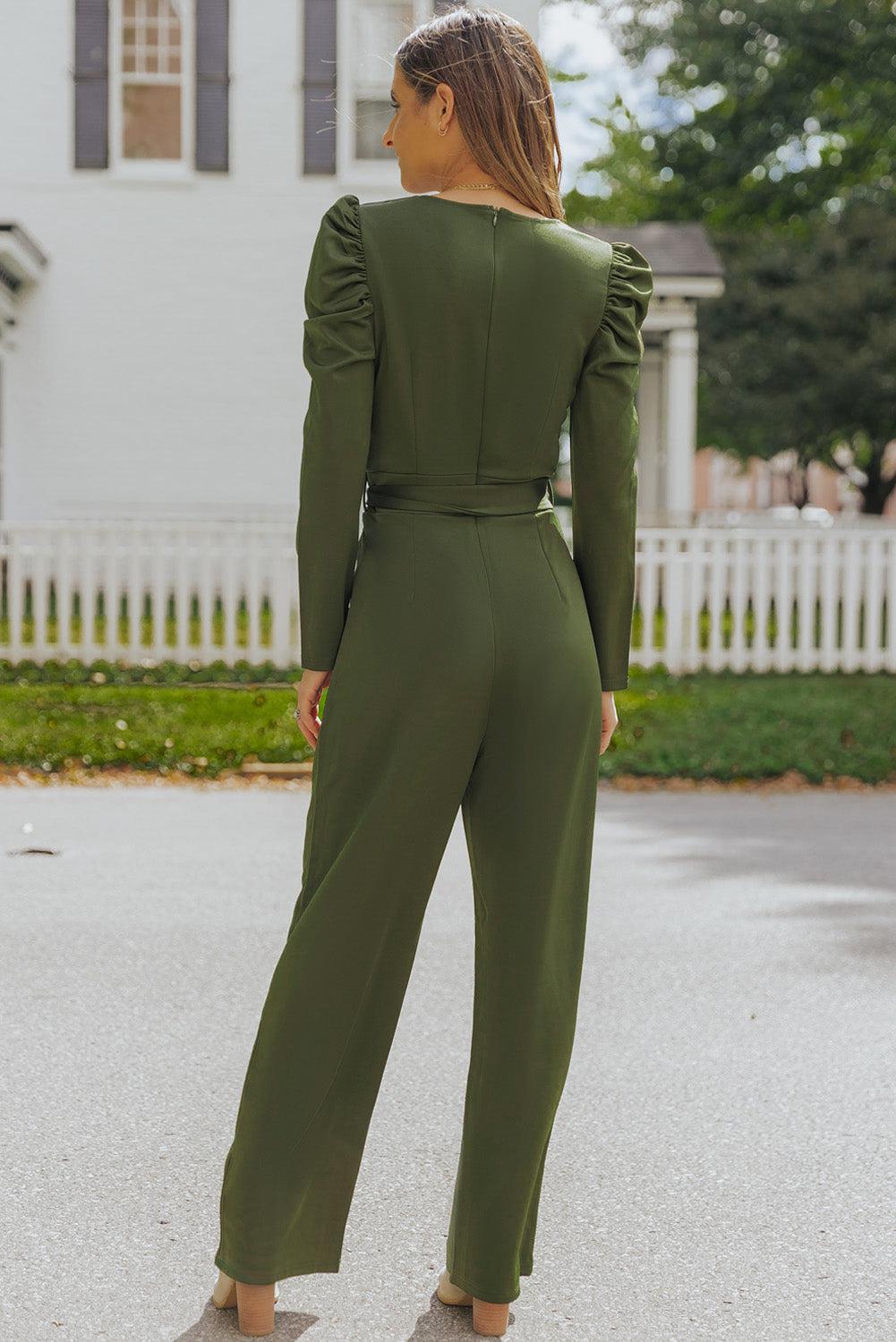Belted Long Puff Sleeve V-Neck Jumpsuit BLUE ZONE PLANET