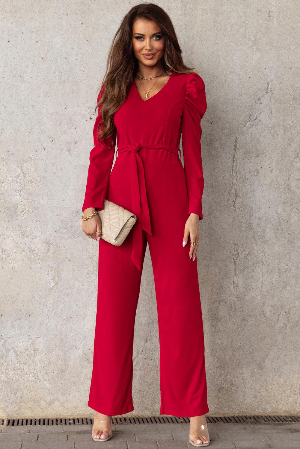 Belted Long Puff Sleeve V-Neck Jumpsuit BLUE ZONE PLANET