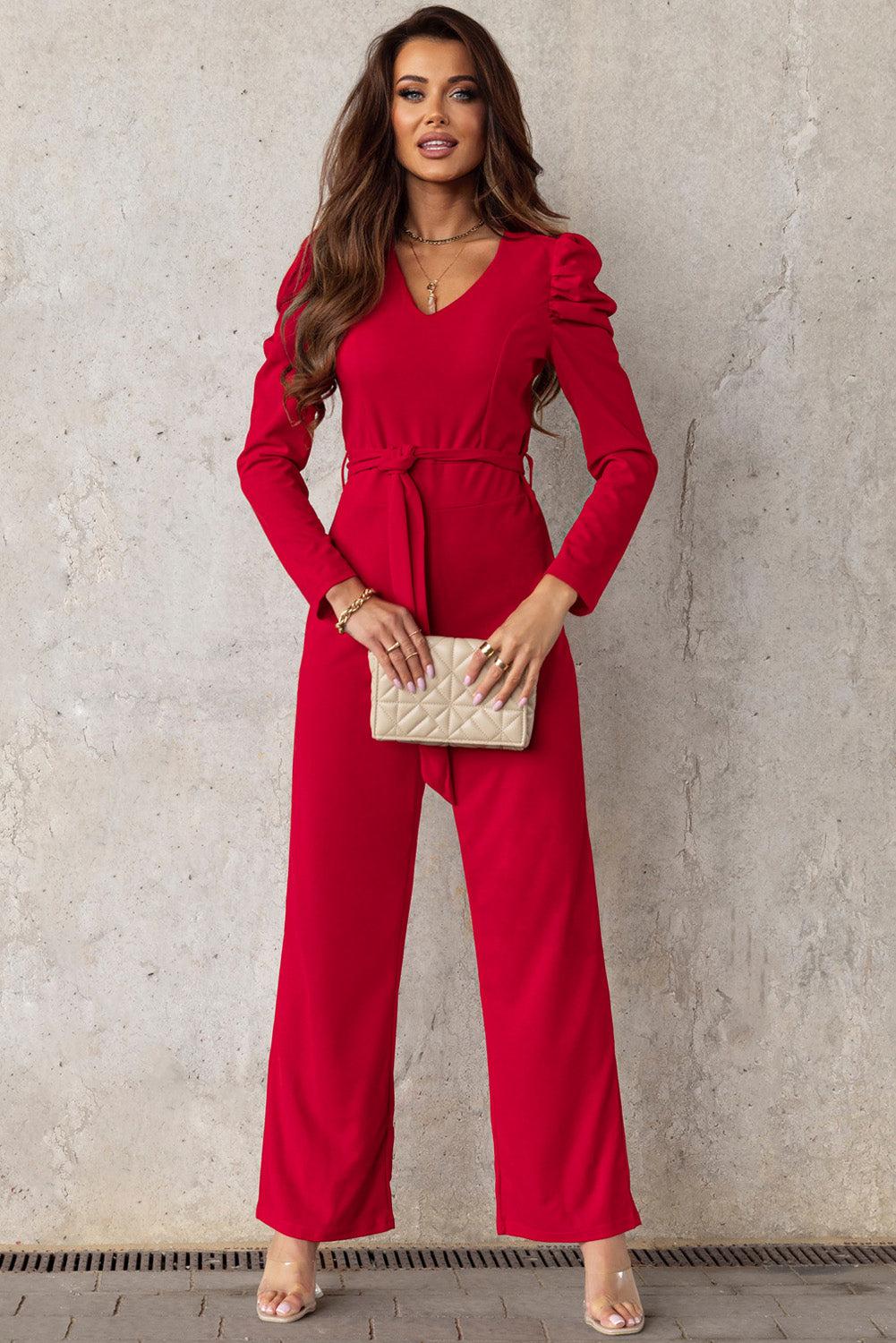 Belted Long Puff Sleeve V-Neck Jumpsuit BLUE ZONE PLANET