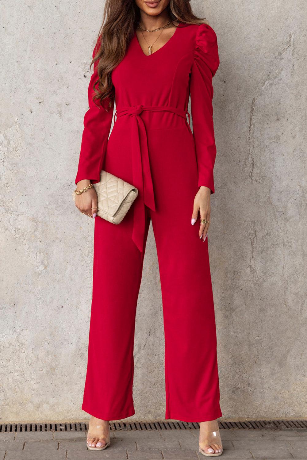 Belted Long Puff Sleeve V-Neck Jumpsuit BLUE ZONE PLANET