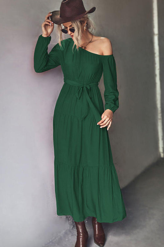 Belted One-Shoulder Tiered Maxi Dress BLUE ZONE PLANET