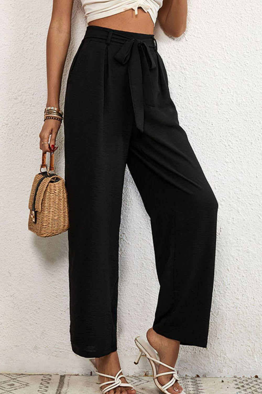 Belted Pleated Waist Wide Leg Pants BLUE ZONE PLANET