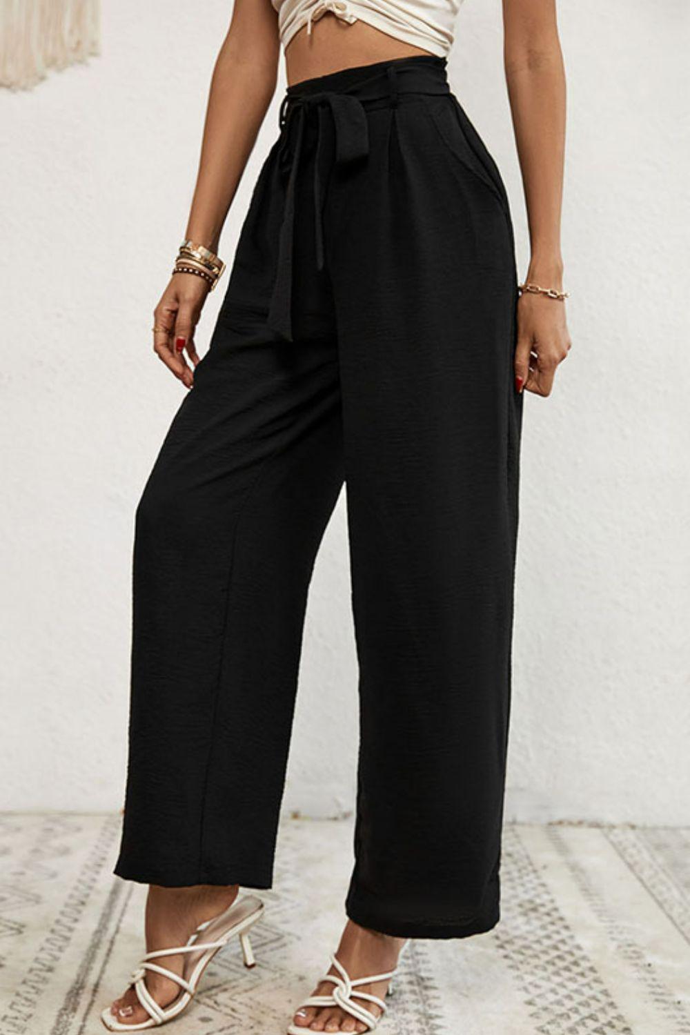 Belted Pleated Waist Wide Leg Pants BLUE ZONE PLANET