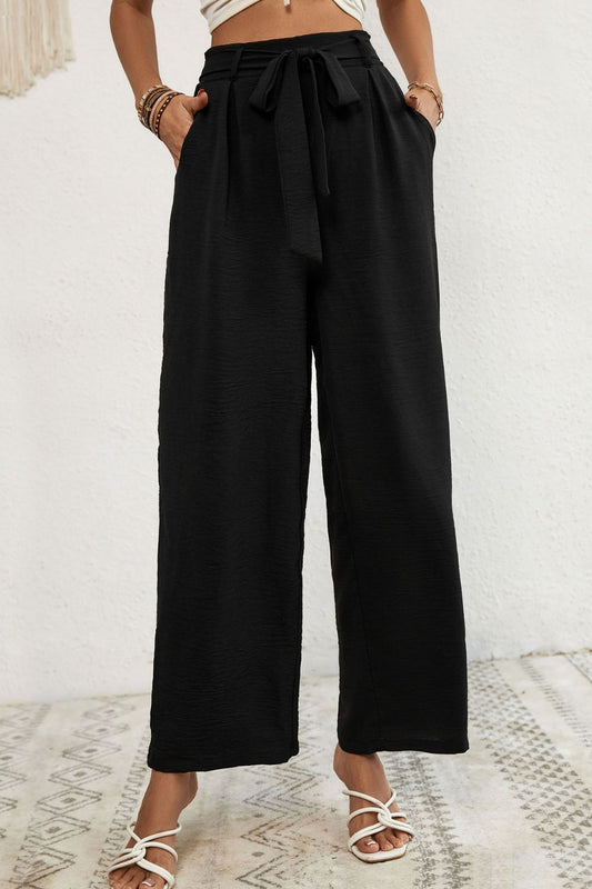 Belted Pleated Waist Wide Leg Pants BLUE ZONE PLANET