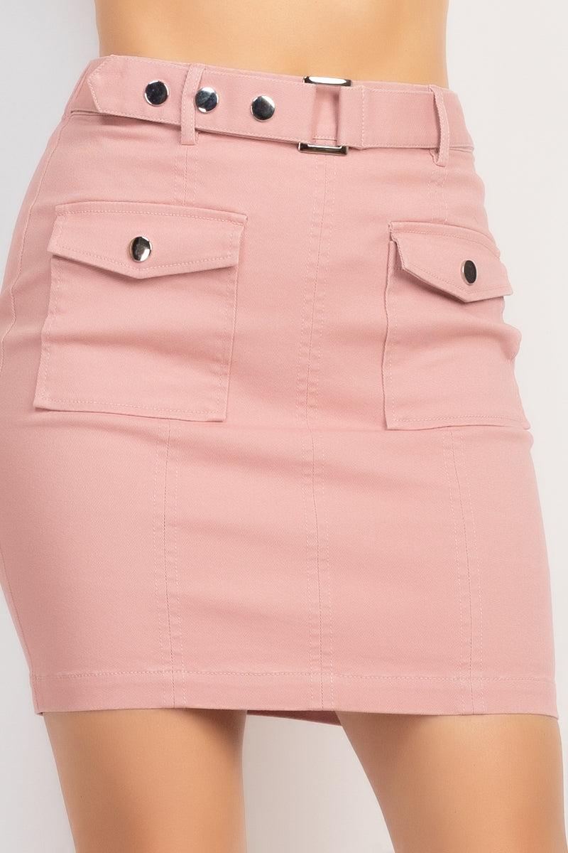 Belted Pocket Solid Mini Skirt Blue Zone Planet