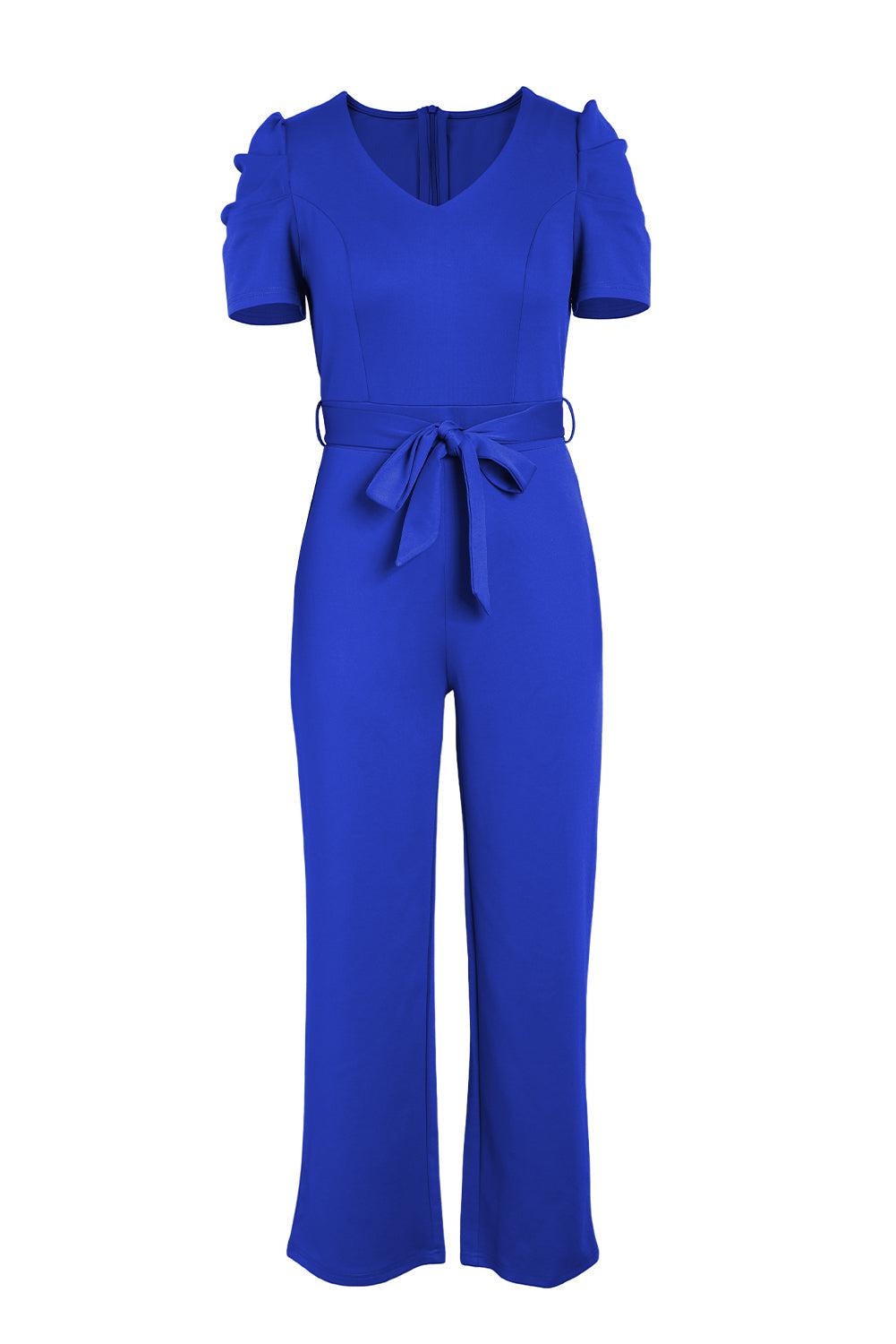 Belted Puff Sleeve V-Neck Jumpsuit BLUE ZONE PLANET