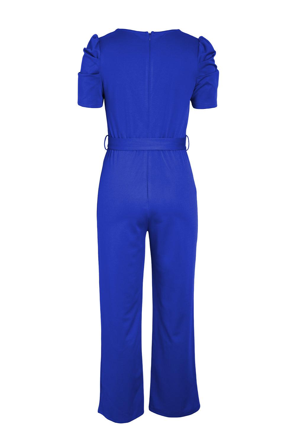 Belted Puff Sleeve V-Neck Jumpsuit BLUE ZONE PLANET