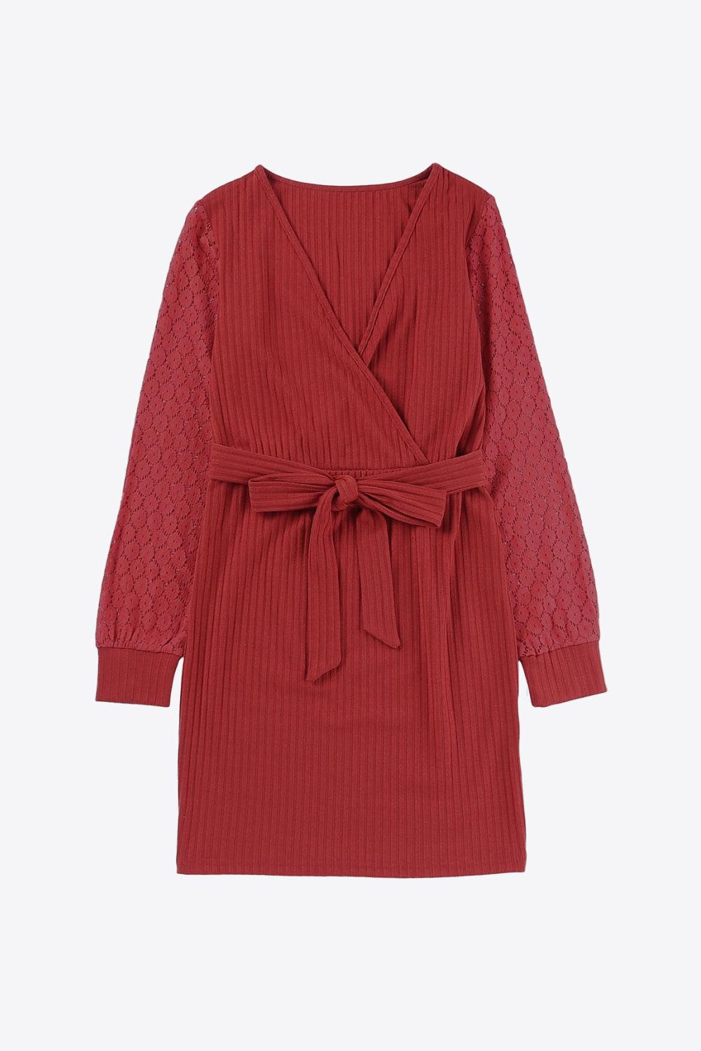 Belted Spliced Lace Ribbed Surplice Dress-TOPS / DRESSES-[Adult]-[Female]-Red-S-2022 Online Blue Zone Planet