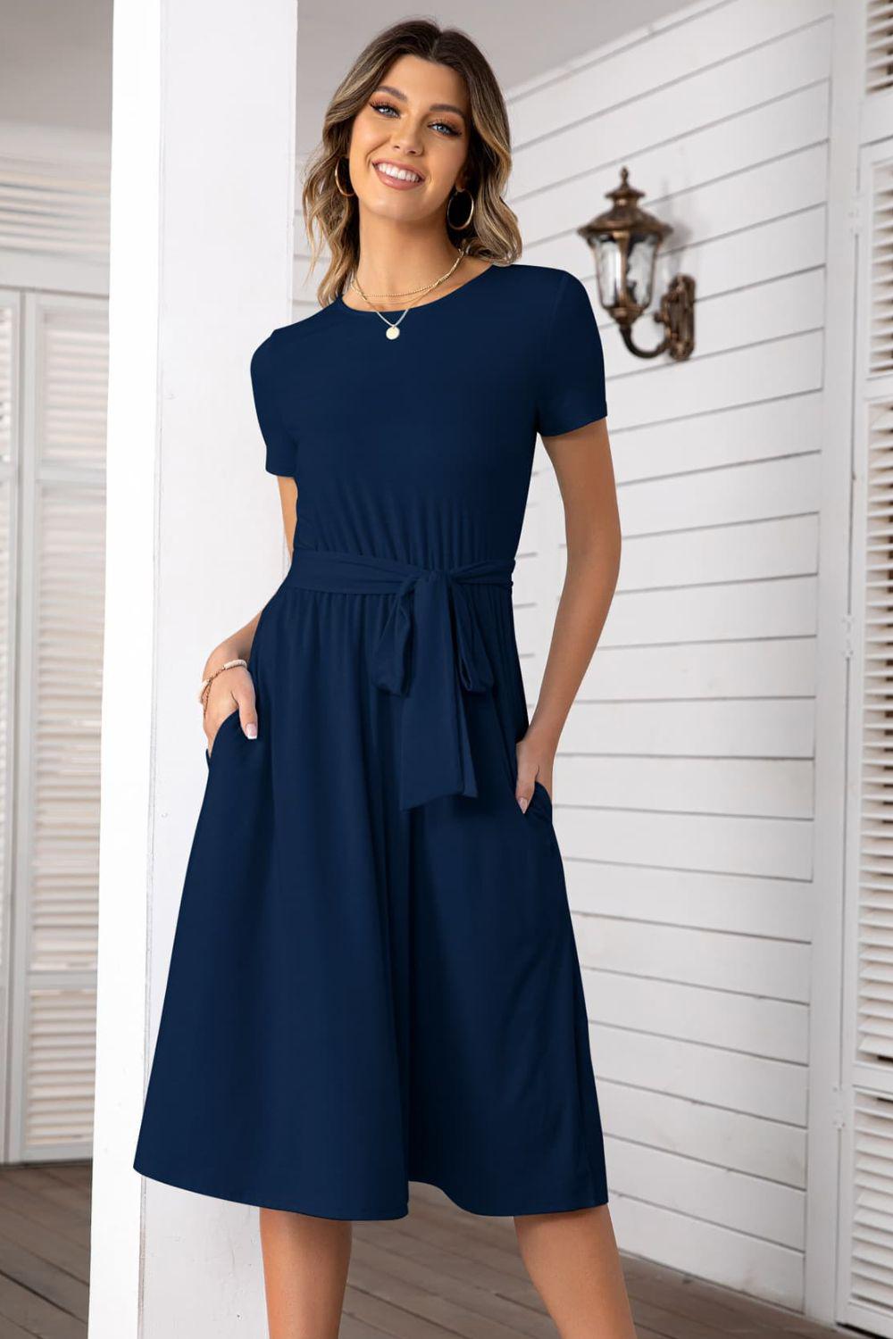 Belted Tee Dress With Pockets BLUE ZONE PLANET